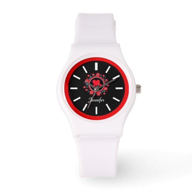 Montre Elégant visage noir blanc, motif rouge floral (Recto)