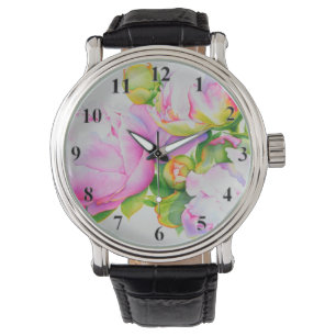 Montre Elégante aquarelle fleurie de pivoine rose