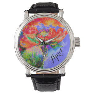 Montre Elégante aquarelle rouge florale abstrait pavot