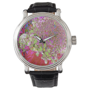 Montre Élégante Chartreuse Vert, Rose et Bleu Hydrangée