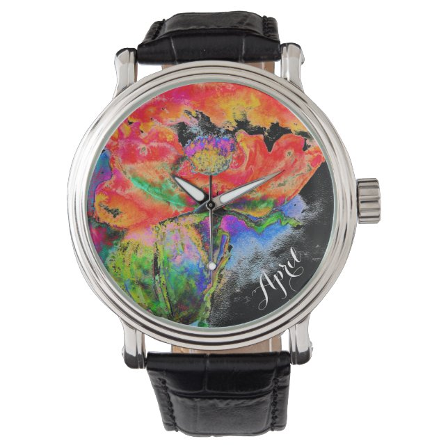 Montre Elégante couleur abstraite rouge florale noir (devant)