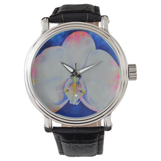 Montre Elégante fleur florale d'orchidée rose-bleu (devant)