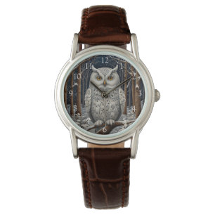 Montre Élégante forêt d'hiver de chouette blanche boho