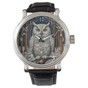 Montre Élégante forêt d'hiver de chouette blanche boho