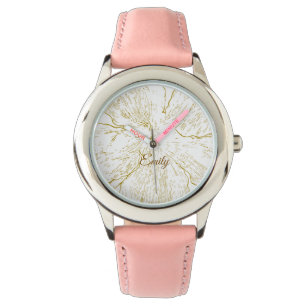 Montre Élégante ligne artistique florale dorée cuir rose