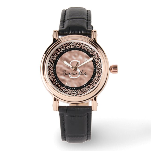 Montre Élégante Monogramme Imprimé Léopard Rose Doré Chic (Recto)