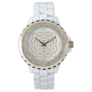 Montre Elégante teinte dorée et blanche Mandala Flower