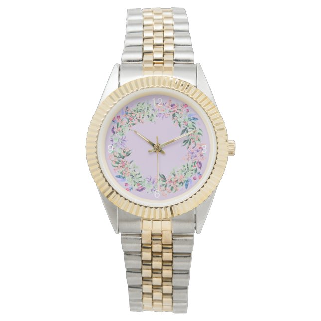 Montre Elégante Vitre Florale Moderne Violet Femme (devant)