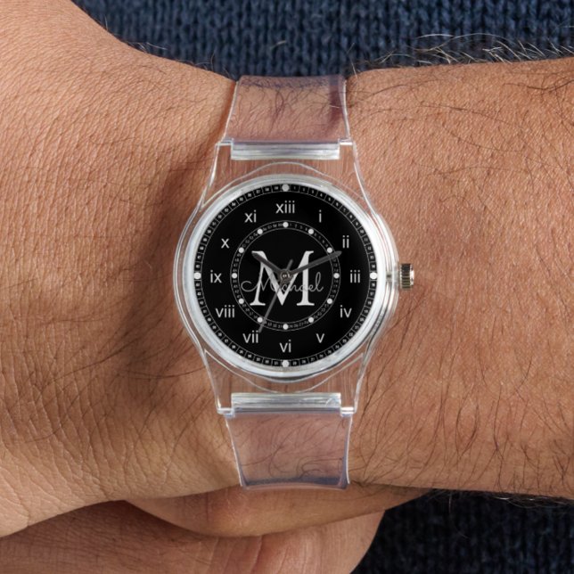 Montre élégants groomsmsmen monogramme noir et blanc (Créateur téléchargé)