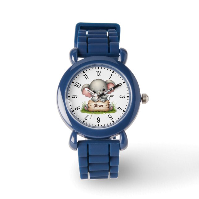 Montre Éléphant de bébé mignon tenant un panneau de nom (Recto)