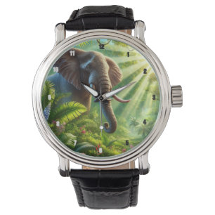 Montre Elephant debout au milieu du feuillage de la jungl