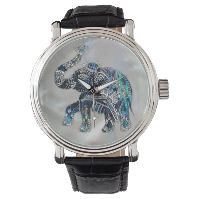 Montre Eléphant encadré d'argent sur Abalone et Pearl (devant)