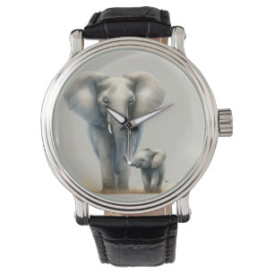 Montre Eléphant et bébé africain majestueux en aquarelle