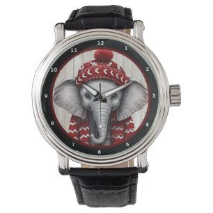 Montre Éléphant festif d'hiver portant un chapeau confort