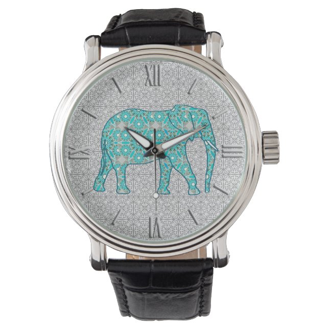 Montre Eléphant fleur Mandala - turquoise, gris & blanc (devant)