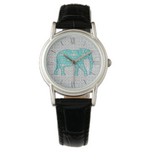 Montre Eléphant fleur Mandala - turquoise, gris & blanc
