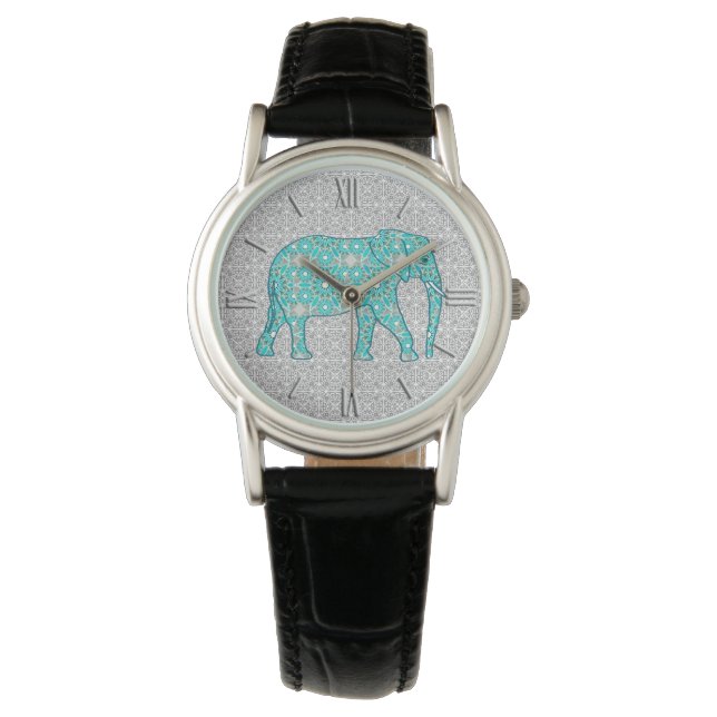 Montre Eléphant fleur Mandala - turquoise, gris & blanc (devant)