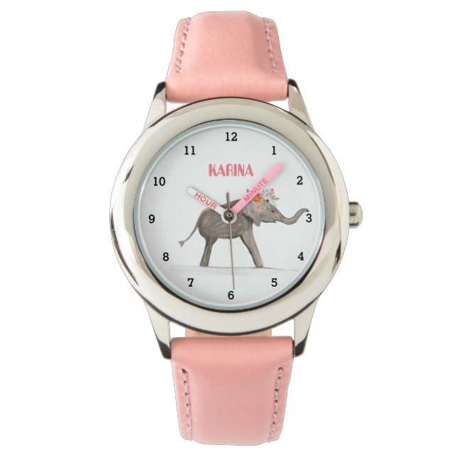 Montre Eléphant gris mou Animal Floral Girly Enfants (devant)