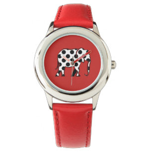 Montre Eléphant noir et blanc Polka Motif rouge