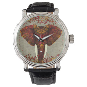 Montre Eléphant Orné Couleurs Rustiques Élégantes