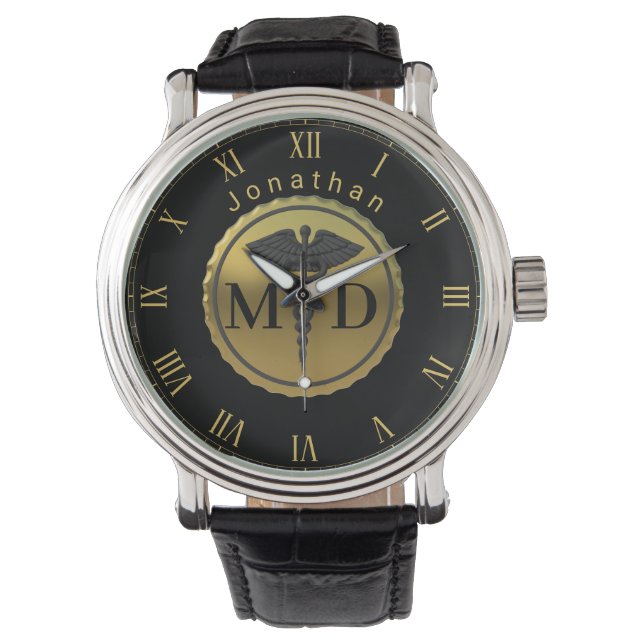 Montre Emblème en or 3D Caducée Médecin MD Nom (devant)