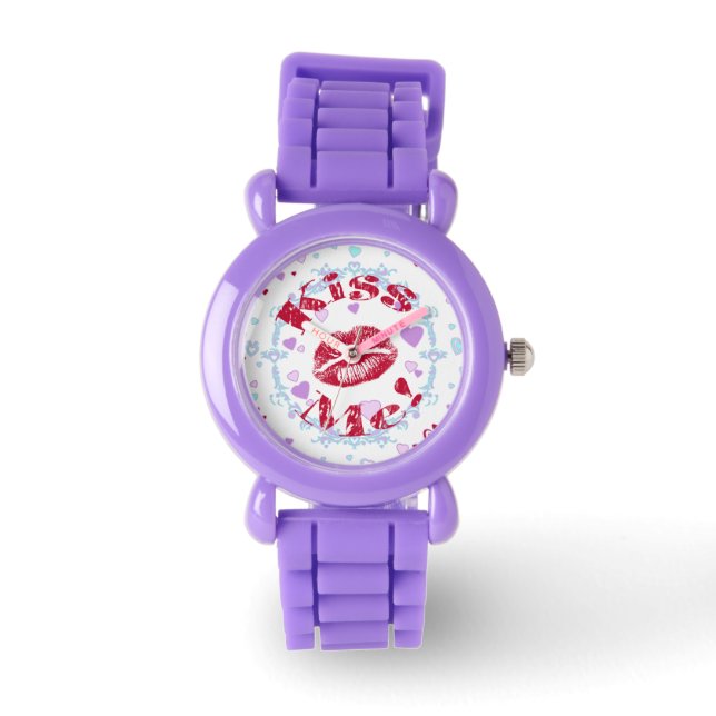 Montre Embrasse-Moi ! Lèvres Rouges Avec Coeurs (Recto)