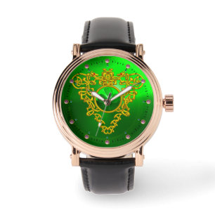MONTRE EMERALD GREEN SHAMROCK ET CELTIC HEART GOLD KNOTS