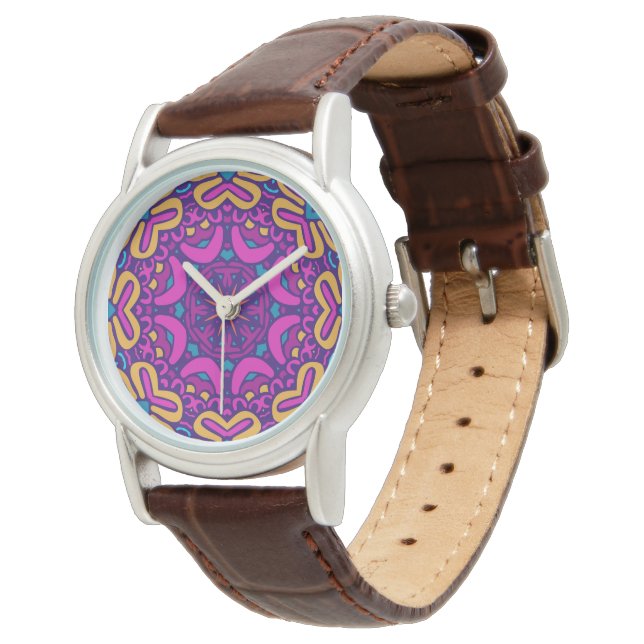 Montre en cuir de luxe - Motif tribal Boho élégant (Incliné)