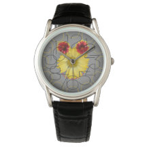 Montre en cuir noir avec visage de fleur