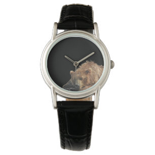 Montre en cuir noire classique avec l'ours gris