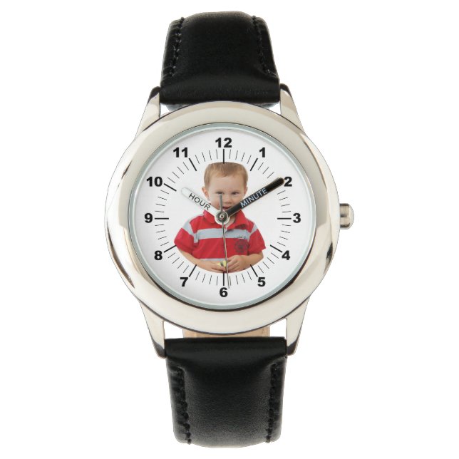 Montre en cuir pour enfant - Personnalisé - Noir (devant)