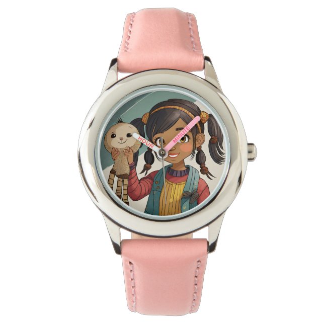 Montre en cuir rose acier inoxydable (devant)