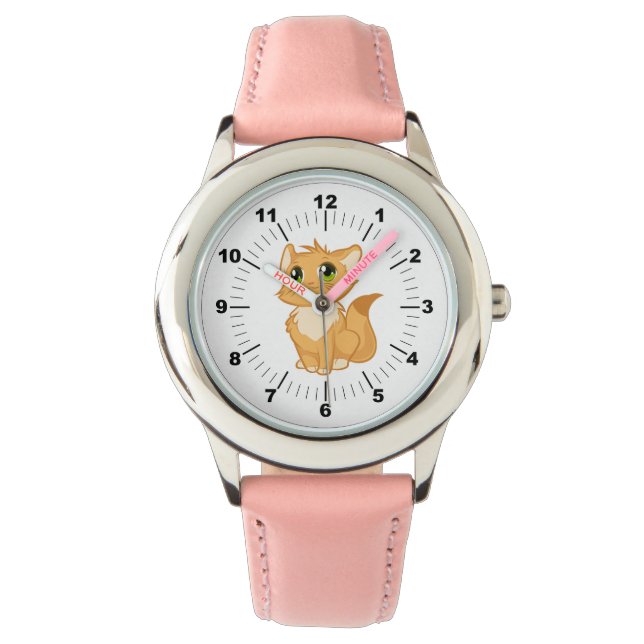 Montre en cuir rose chatte mignonne pour enfant (devant)