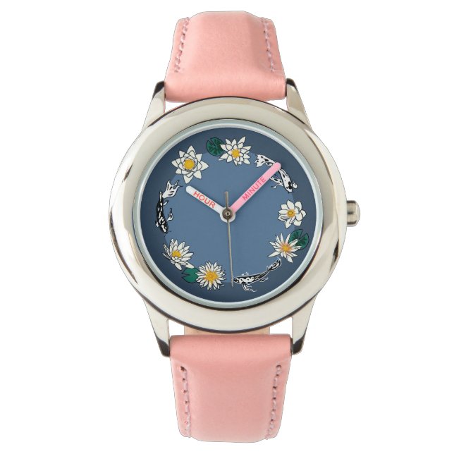 Montre en cuir rose Daisy & Poisson doré (devant)