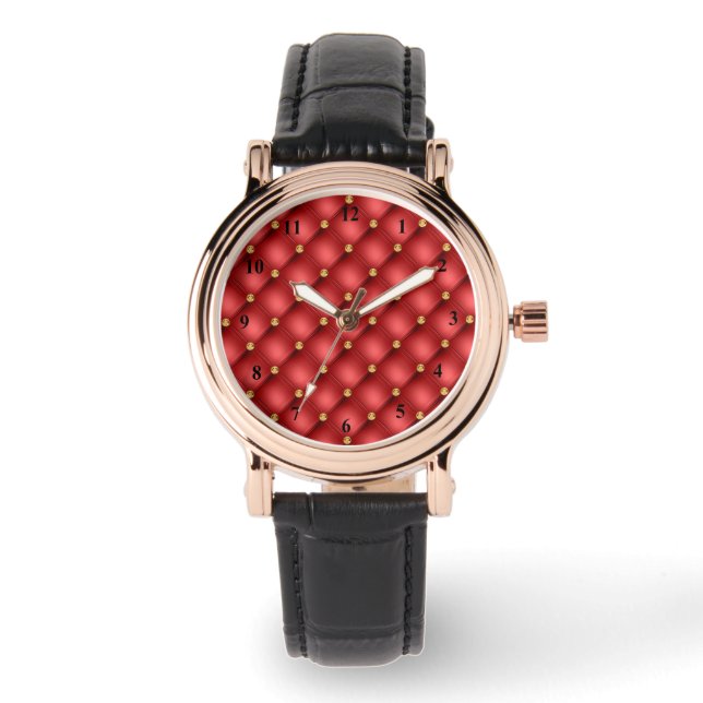 Montre en cuir rouge à boutons diamantés or (Recto)