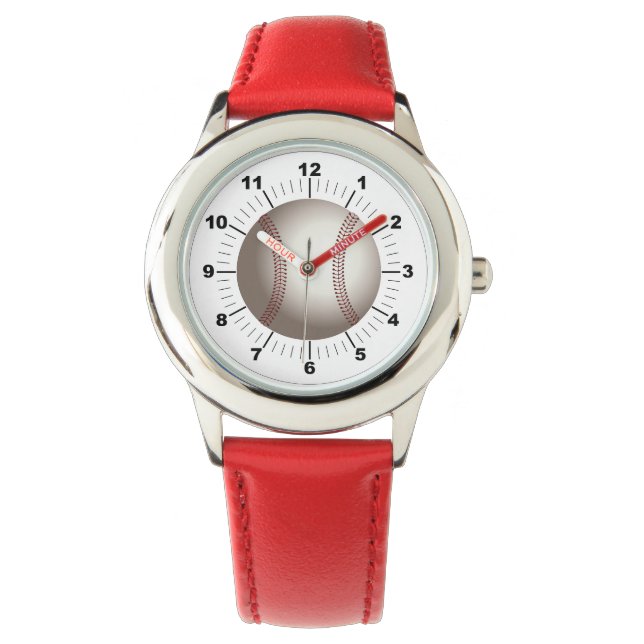 Montre en cuir rouge de baseball pour enfants (devant)