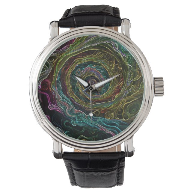 Montre en cuir Vintage Abstraite spirale noire (devant)