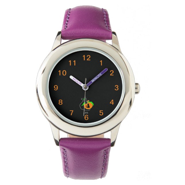 Montre en cuir violet du Citrouille de chat noir (devant)