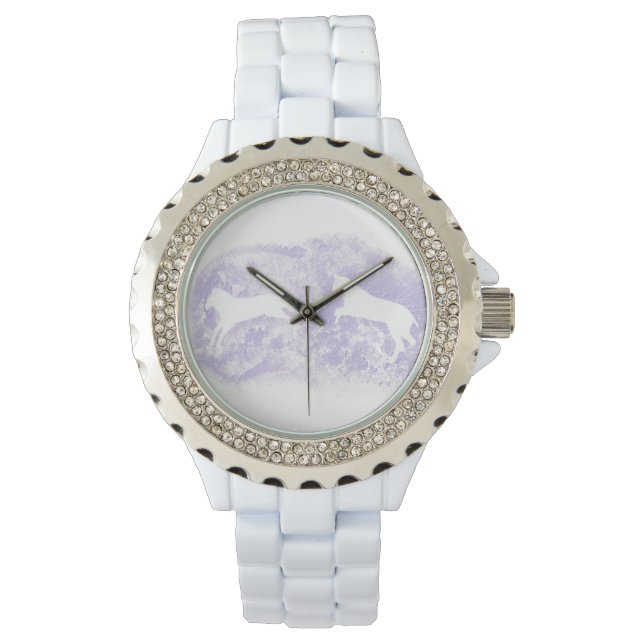 Montre en émail blanc avec Cheval Lavender Art (devant)