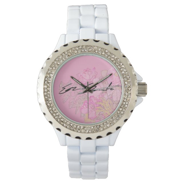 Montre en émail blanc avec strass pour femme (devant)