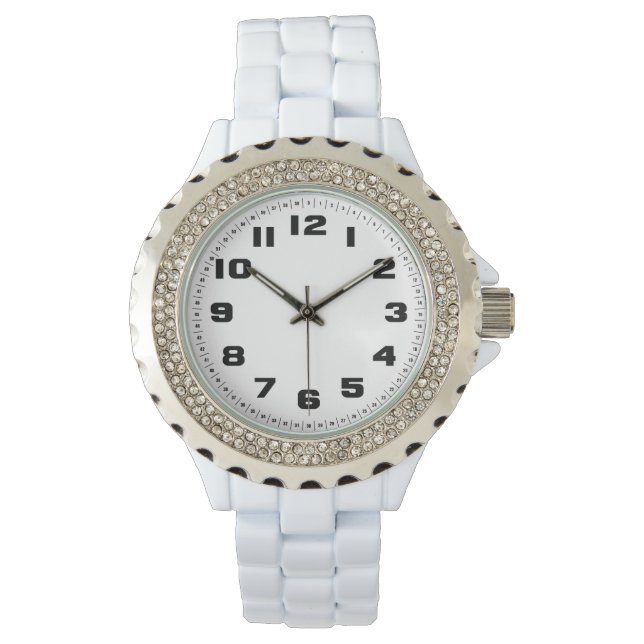 Montre en émail blanc avec strass pour femmes (devant)