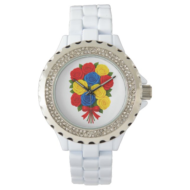 Montre en émail blanc et strass Bouquet de roses p (devant)