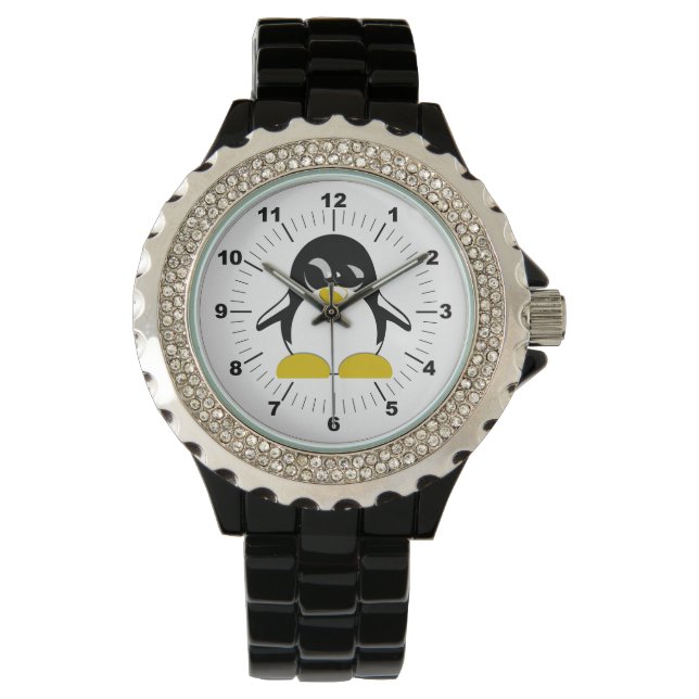 Montre en émail noir en strass de pingouin pour fe (devant)