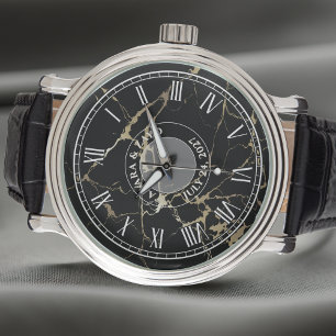 Montre en faux marbre noir pour hommes - Cuir - Vi