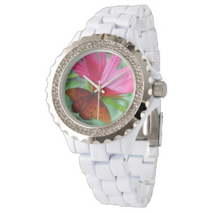 Montre en strass féminin avec papillon et fleurs
