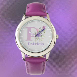 Montre enfant avec nom et initiale en design flora