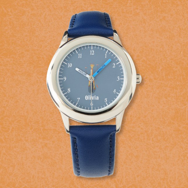 Montre Enfant Girafe sur Monocycle Bleue avec Nom (Funny giraffe on a unicycle kid personalized beginner watch .)