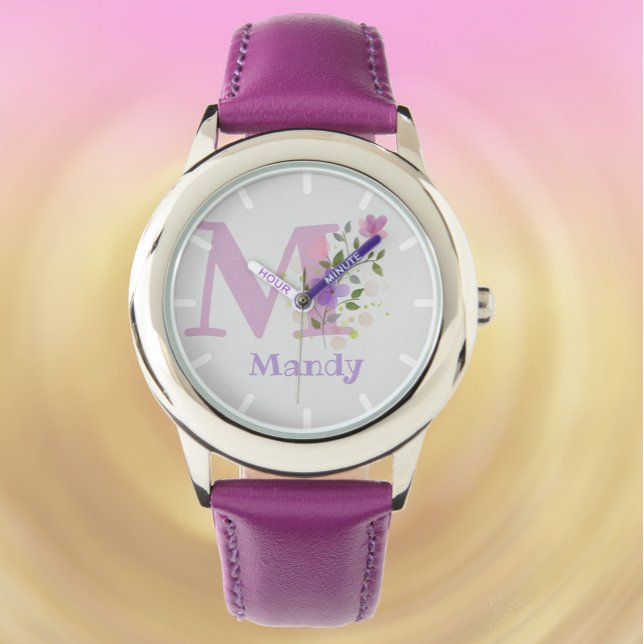 Montre enfantine avec motif floral et nom & initia (Créateur téléchargé)