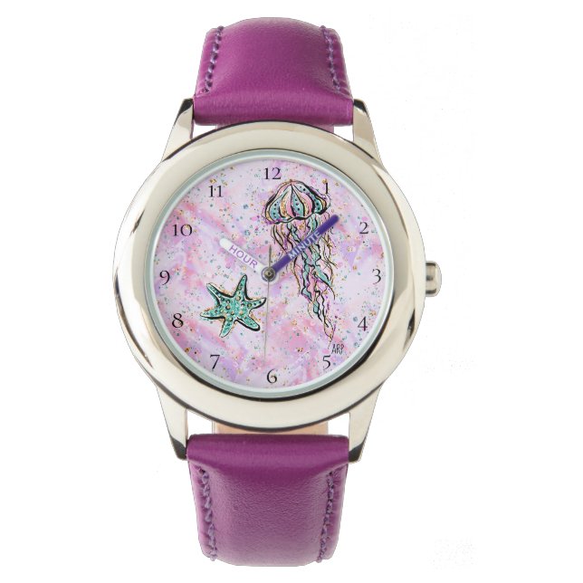 Montre *~* Enfants Aquarelle Plage étoile Poisson Jelly P (devant)