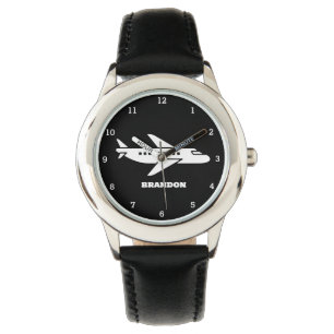 Montre Enfants Avion Garçons Noir Nom Personnalisé